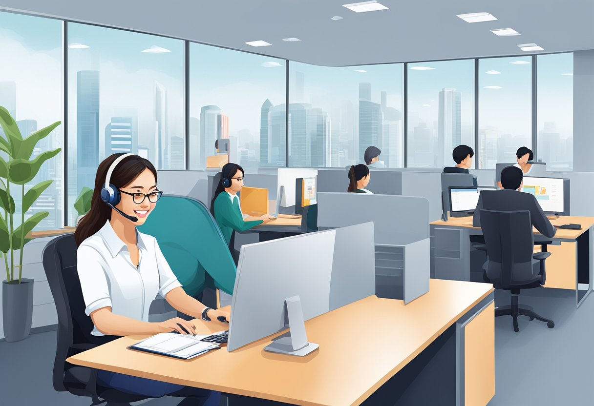 An agoda customer service representative answers phone calls in a modern office setting in Singapore