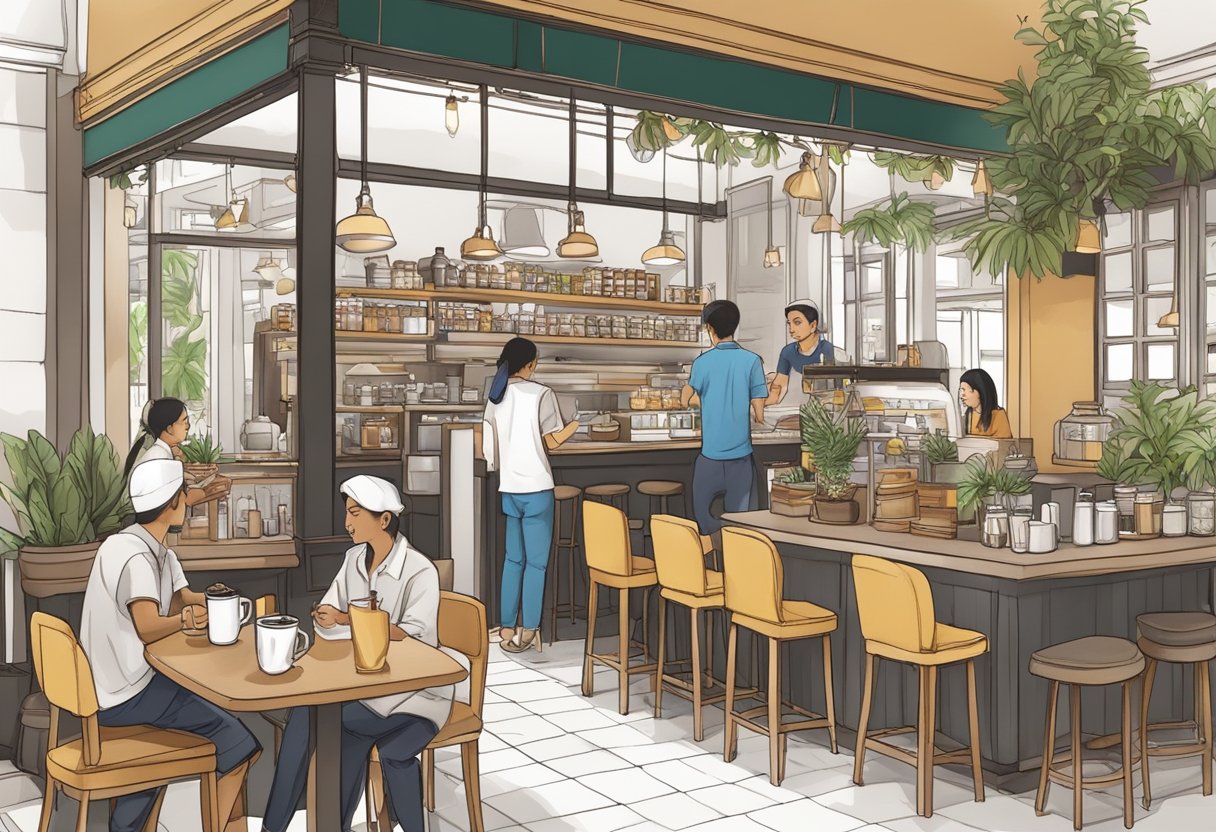 A bustling coffee shop in Singapore, adorned with traditional cultural elements, as customers savor the rich aroma of Arabica coffee
