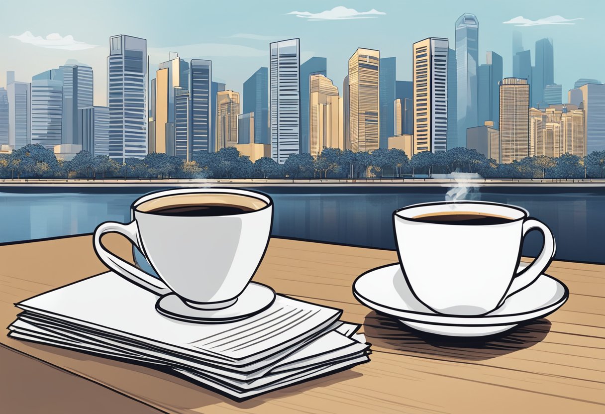 A stack of FAQ cards on a table, next to a steaming cup of arabica coffee, with the Singapore skyline in the background