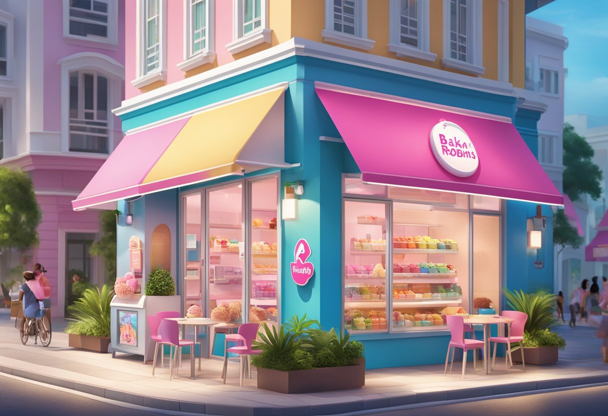 A colorful Baskin Robbins storefront in Singapore, with vibrant ice cream cone displays and a cheerful atmosphere