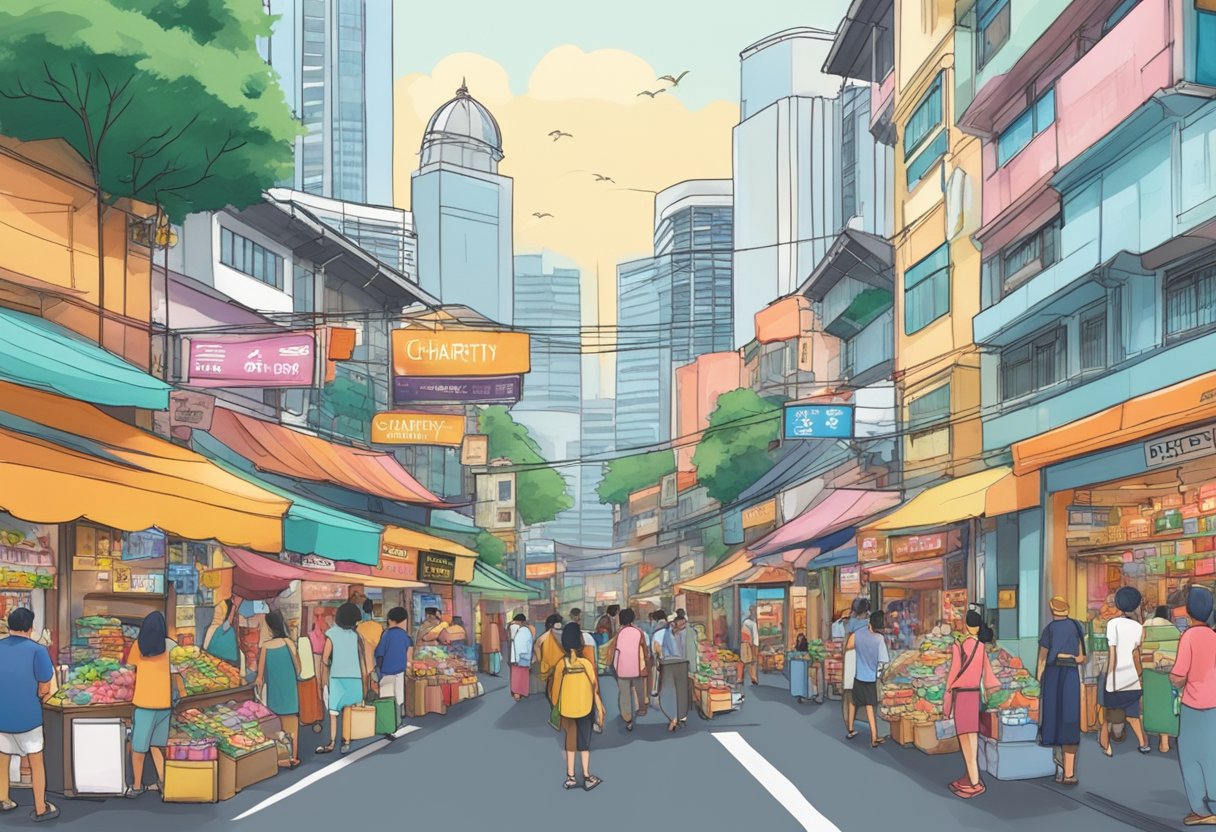 A bustling street in Singapore, lined with colorful shops and bustling with people. A donation box adorned with the word "charity" sits prominently on a busy corner