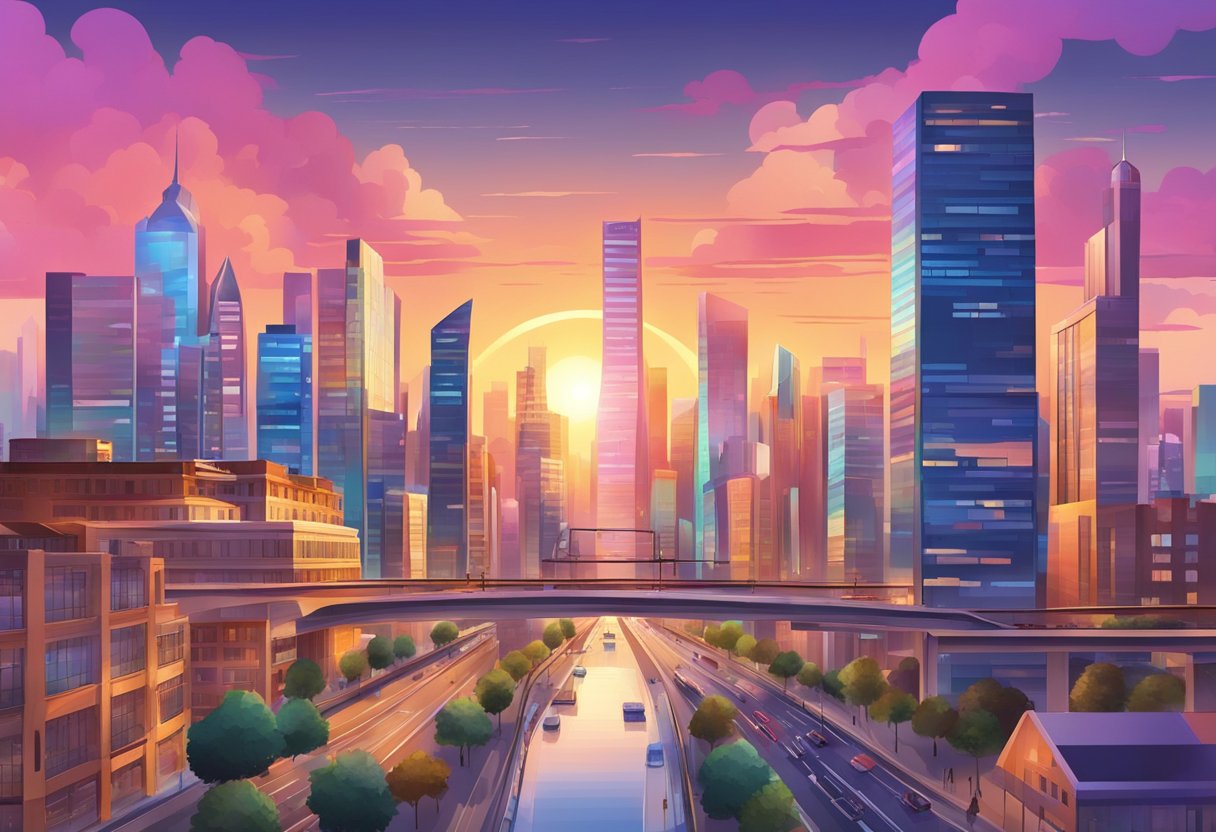 Vibrant cityscape with iconic skyline, bustling streets, and modern architecture under a colorful sunset sky