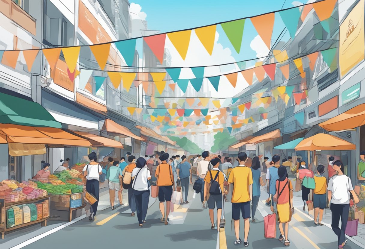 A bustling street in Singapore, with colorful banners and signs promoting various charitable organizations. People are seen donating and volunteering