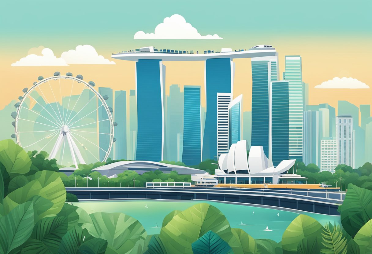A bustling cityscape with iconic landmarks like the Marina Bay Sands and the Singapore Flyer, set against a backdrop of modern skyscrapers and lush greenery