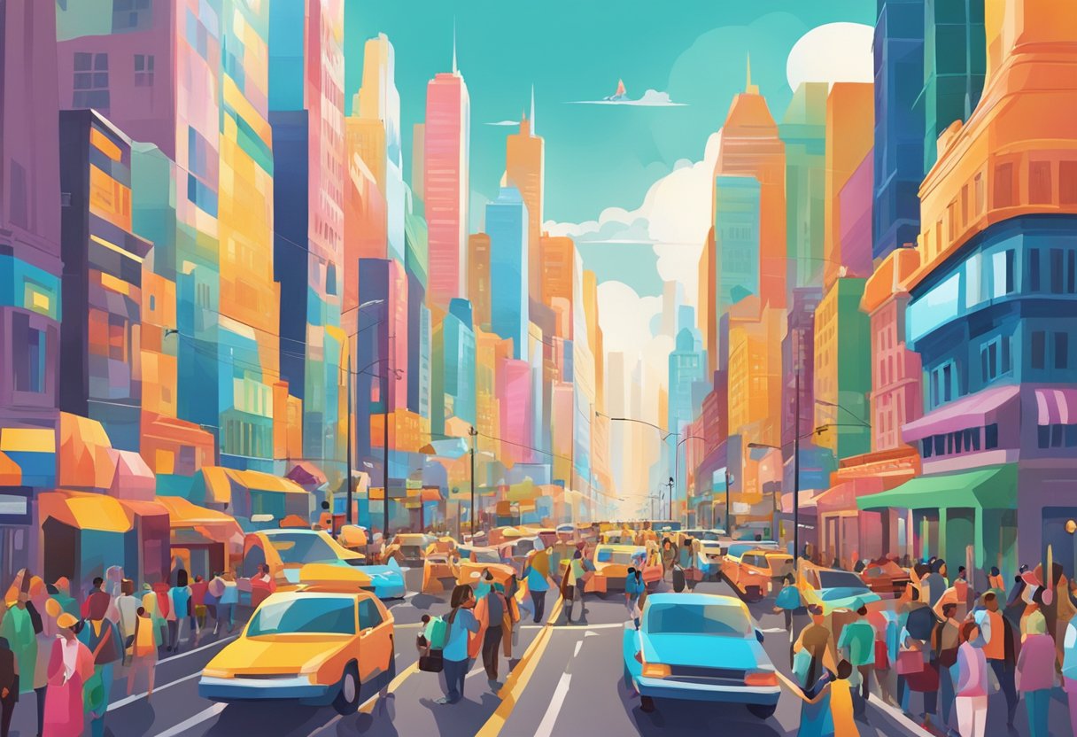 A bustling city street with vibrant colors and bustling energy, featuring iconic landmarks and bustling crowds