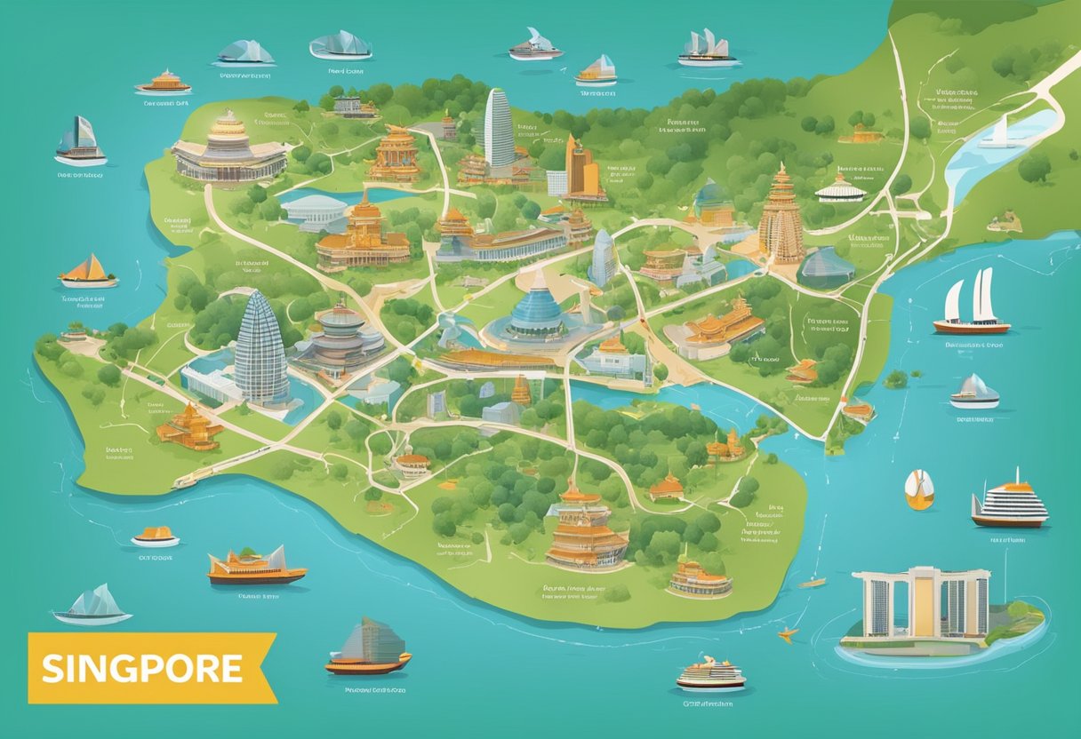 A map of Singapore with highlighted tourist spots and transportation options