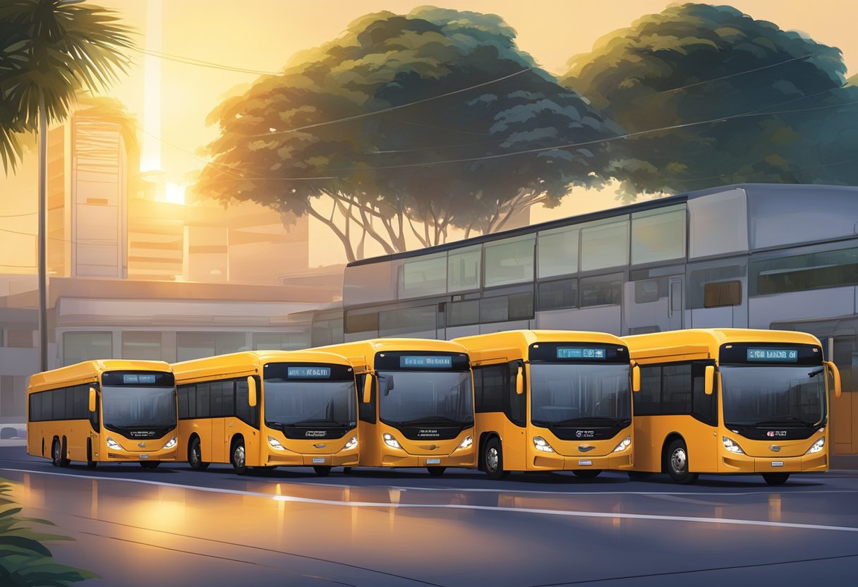 A fleet of Go-Ahead Singapore buses line up at the depot, ready for their daily operations. The sun is rising in the background, casting a warm glow on the vehicles