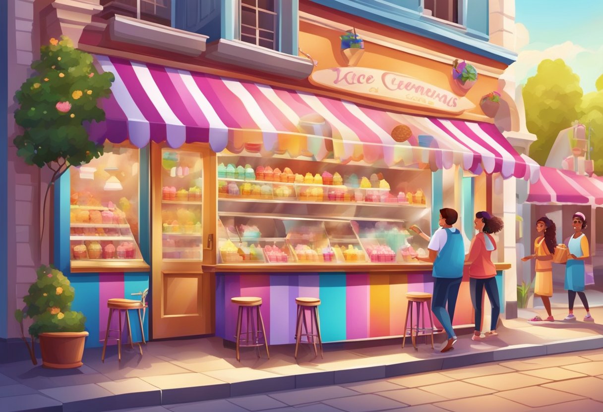 A colorful ice cream shop with a variety of flavors and toppings, customers sampling and enjoying their treats, vibrant signage and cheerful atmosphere