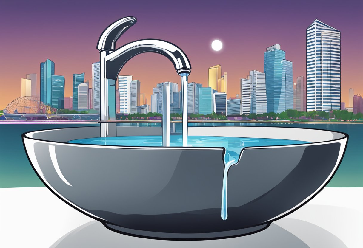 A faucet dripping water into a bowl with "Frequently Asked Questions" written on it, set against a backdrop of the Singapore skyline