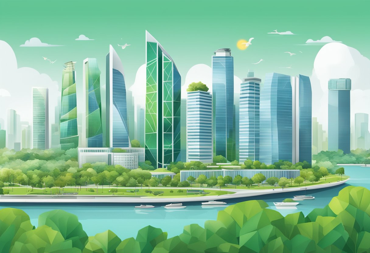 A modern city skyline with green buildings and renewable energy sources, showcasing Singapore's commitment to sustainability and innovation