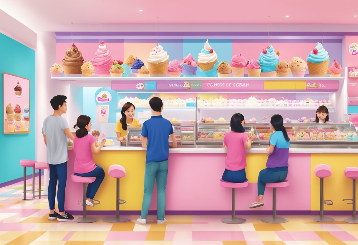 Customers enjoying various ice cream flavors at Baskin Robbins Singapore, with colorful decor and friendly staff