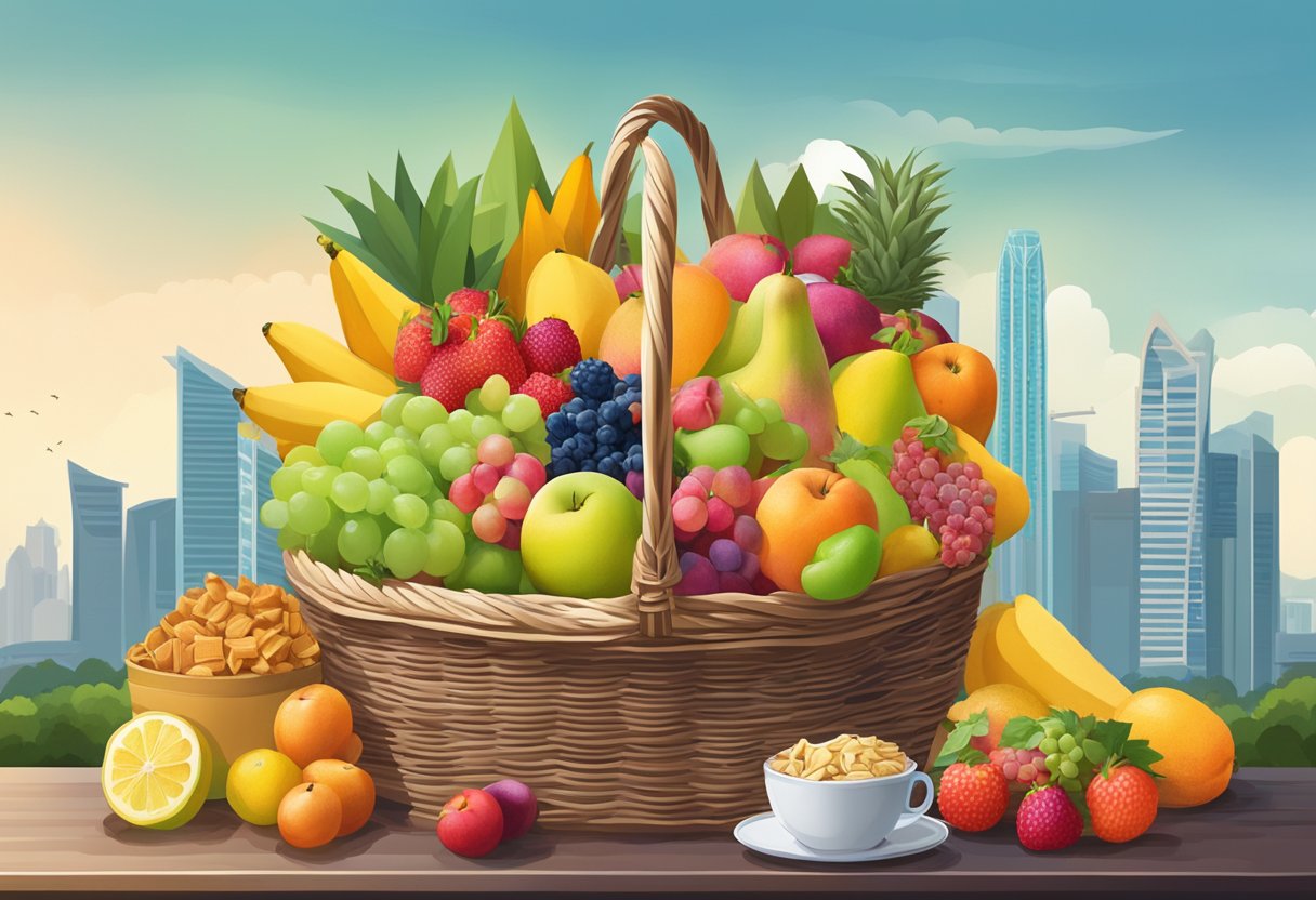A hamper overflowing with colorful fruits, snacks, and gifts, set against the backdrop of the iconic Singapore skyline