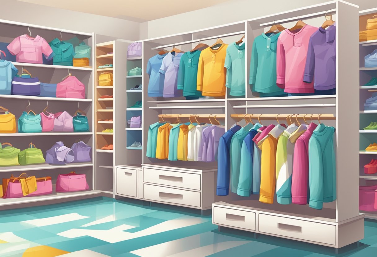 A colorful display of children's apparel, including shirts, pants, and dresses, arranged neatly on shelves and racks in a bright and inviting store setting