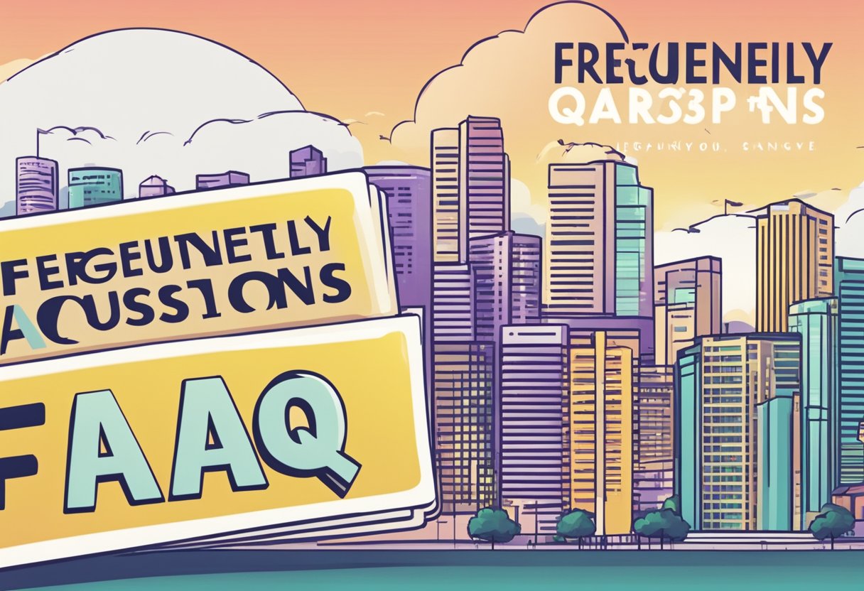 A stack of FAQ cards with "Frequently Asked Questions" written on them, against a backdrop of the Singapore skyline