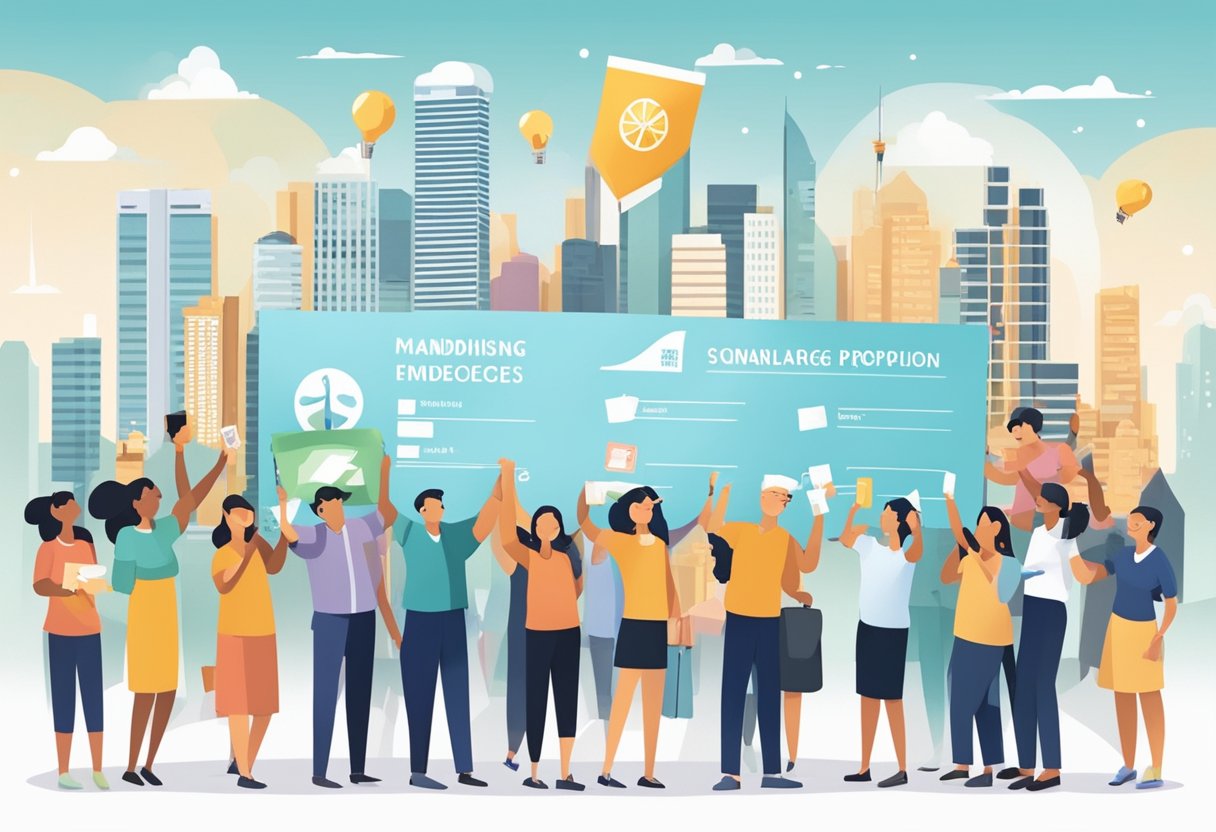 A group of people gathers around a large banner, holding up donation envelopes and smiling. A thermometer graphic shows the fundraising progress. The Singapore skyline is visible in the background