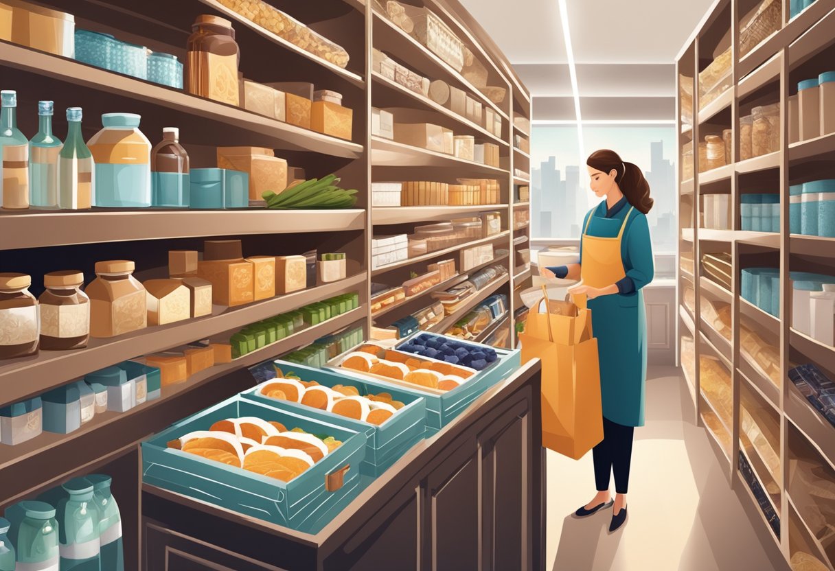 A person carefully selects items for a luxurious hamper, surrounded by shelves of gourmet products and elegant packaging
