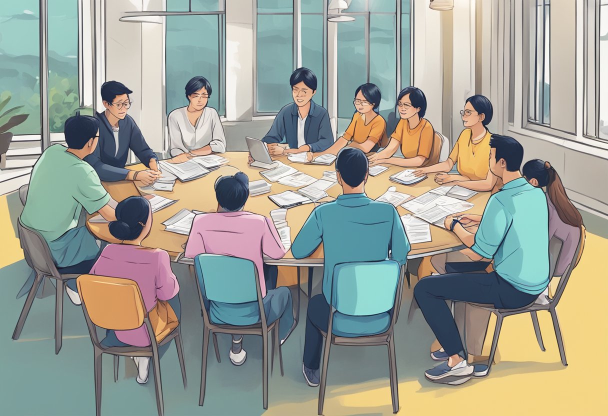 A group of people gathered around a table, discussing and answering questions about a charity event in Singapore