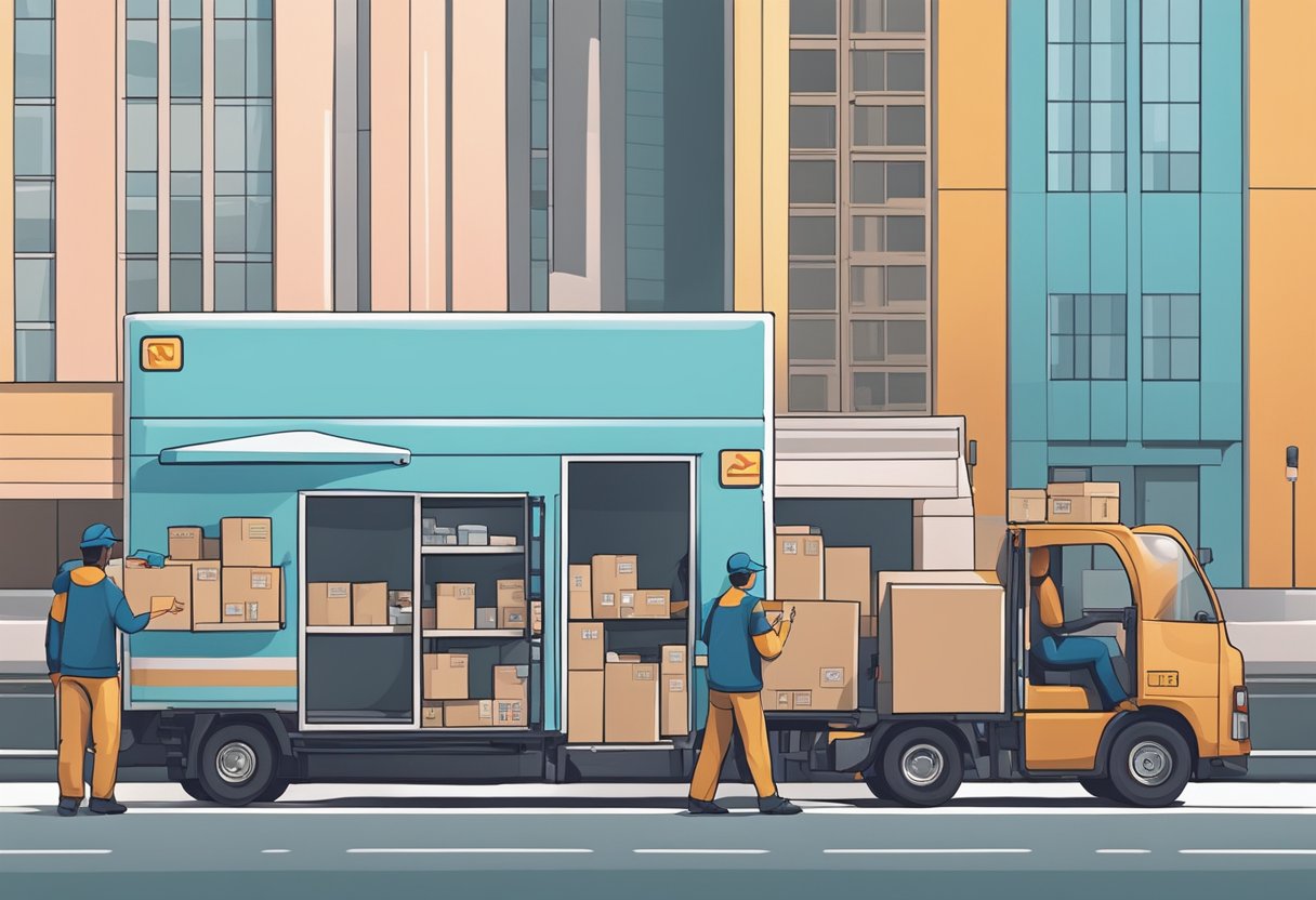 A delivery truck parked outside a Singaporean building, with packages and parcels being unloaded by workers