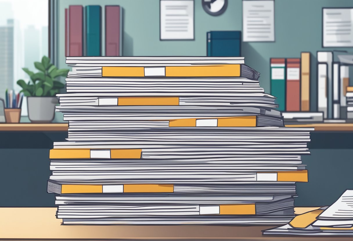 A stack of FAQ documents sits on a desk in a busy office in Singapore. The papers are neatly organized and labeled, ready to assist customers