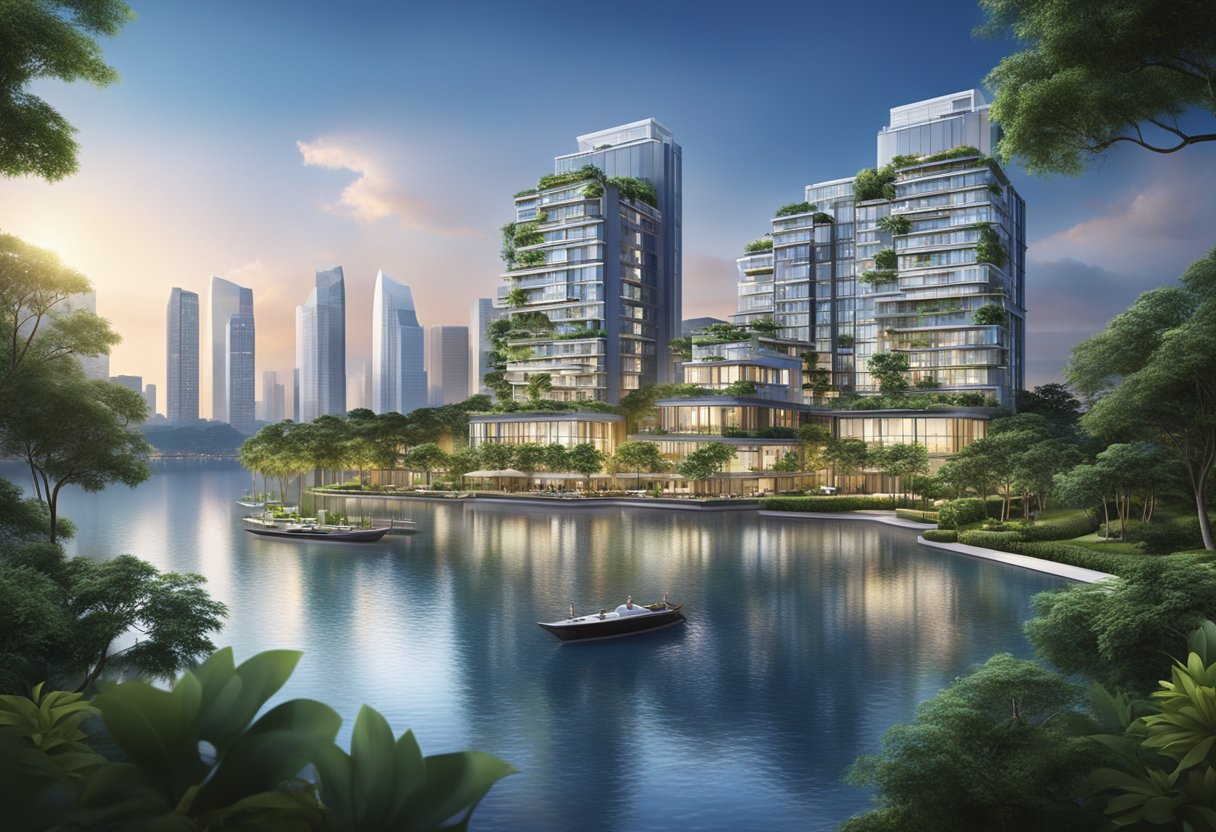 A modern executive condo in Singapore with sleek architecture and lush landscaping, set against a backdrop of city skyline and sparkling waterfront