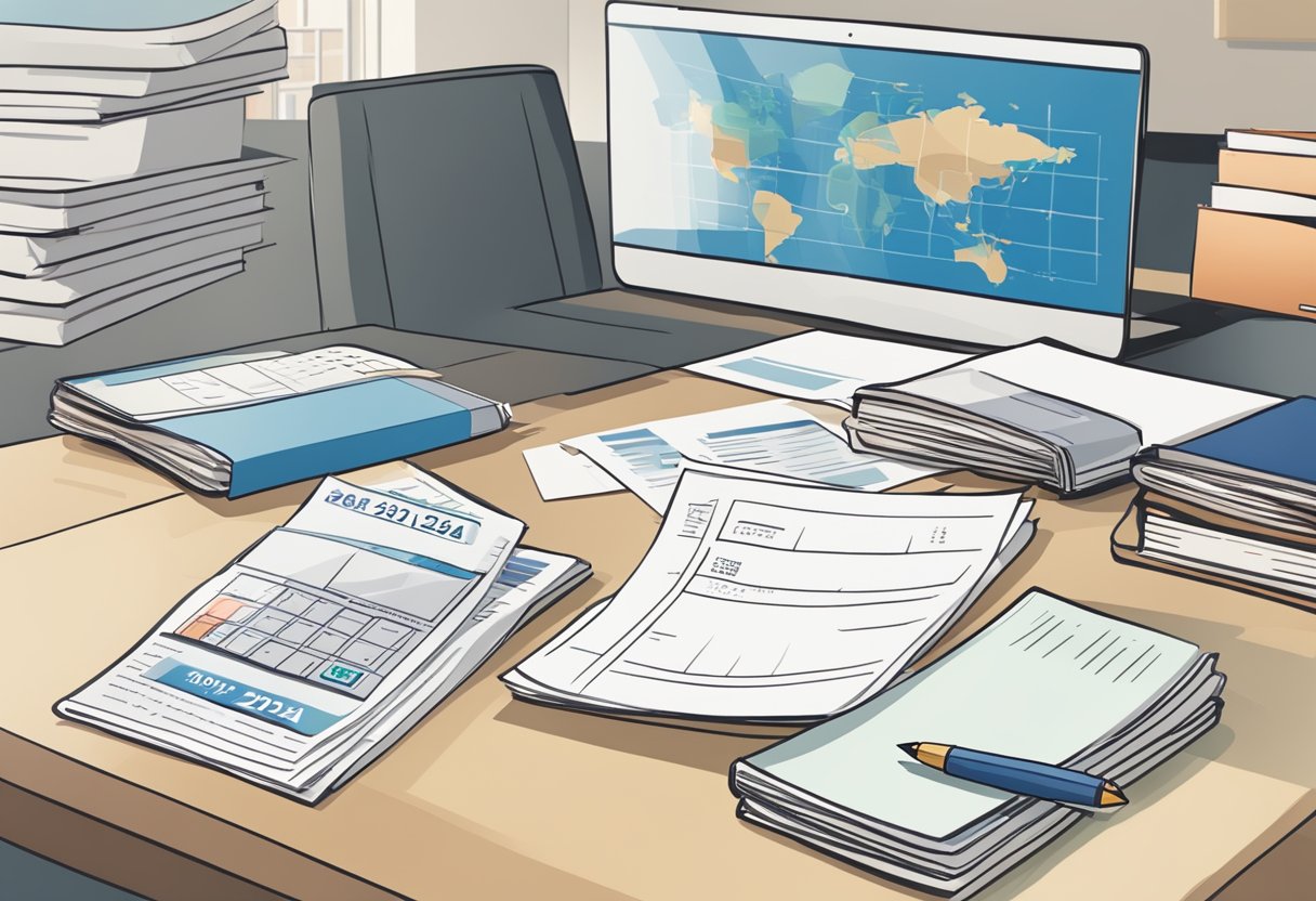 A desk with a stack of papers, a passport, and a bank statement. A calendar with "2024" is visible in the background