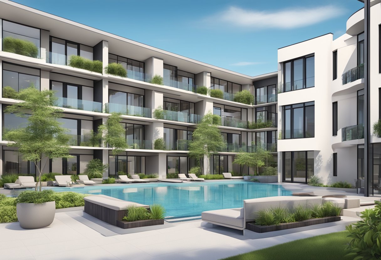 A modern executive condominium complex with sleek architecture, landscaped gardens, and a swimming pool surrounded by stylish outdoor furniture