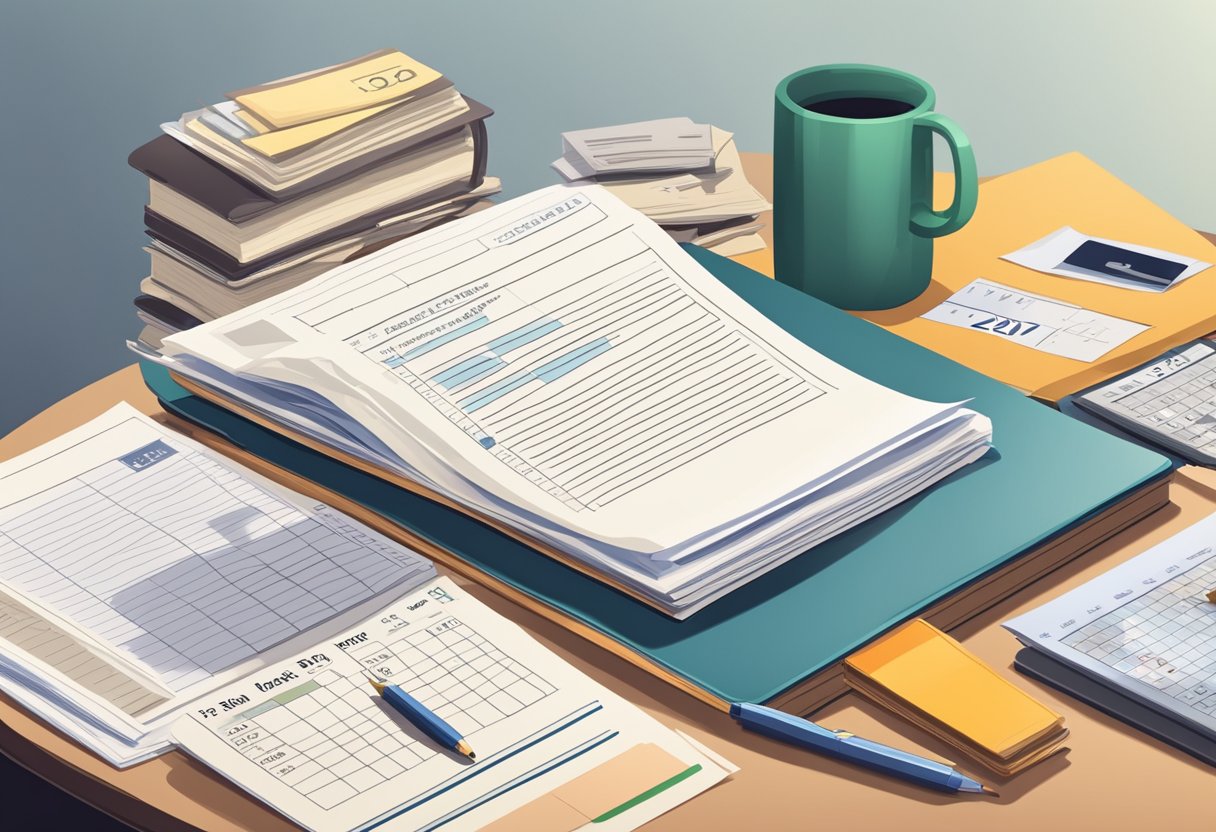 A desk with a stack of important documents, such as identification, tax records, and employment history, alongside a calendar showing the year 2024