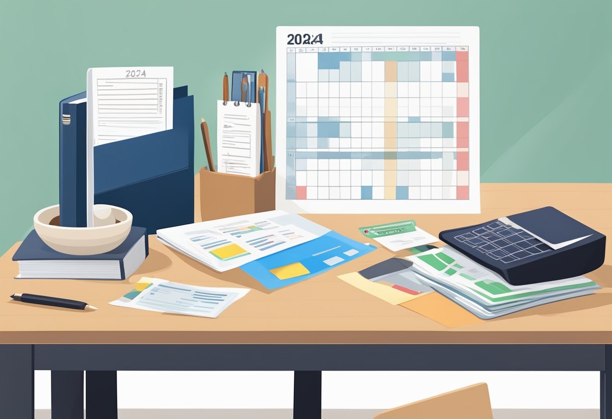 A desk with a stack of paperwork, including a passport, ID card, and financial statements. A calendar on the wall shows the year 2024