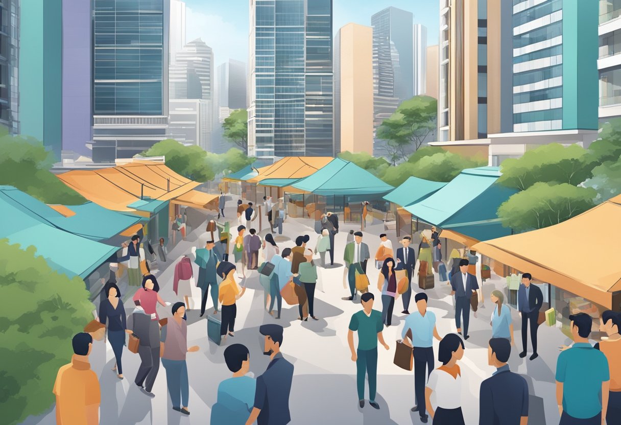 A bustling marketplace with real estate agents and potential buyers negotiating and exchanging contracts for executive condos in Singapore