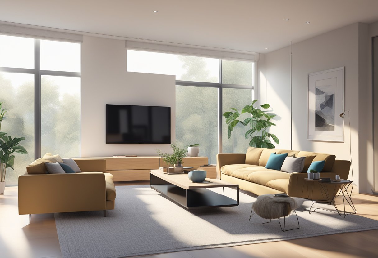 A modern, minimalist living room with sleek furniture and clean lines, bathed in natural light from large windows