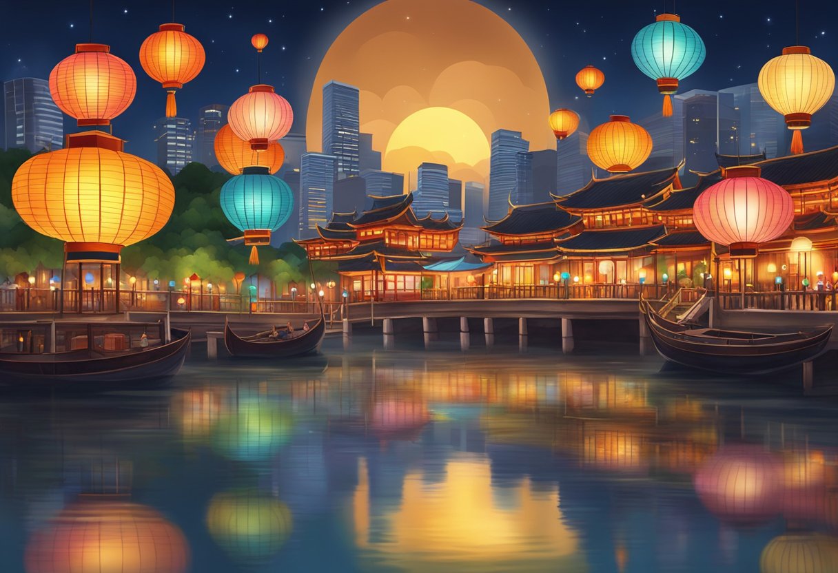 Colorful lanterns illuminate the night sky, casting a warm glow over the water and surrounding buildings at the Lantern Festival in Singapore