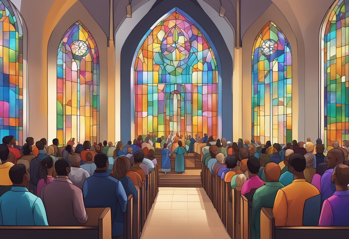 A vibrant church service with a diverse congregation, singing and praying together in a modern sanctuary adorned with colorful stained glass windows