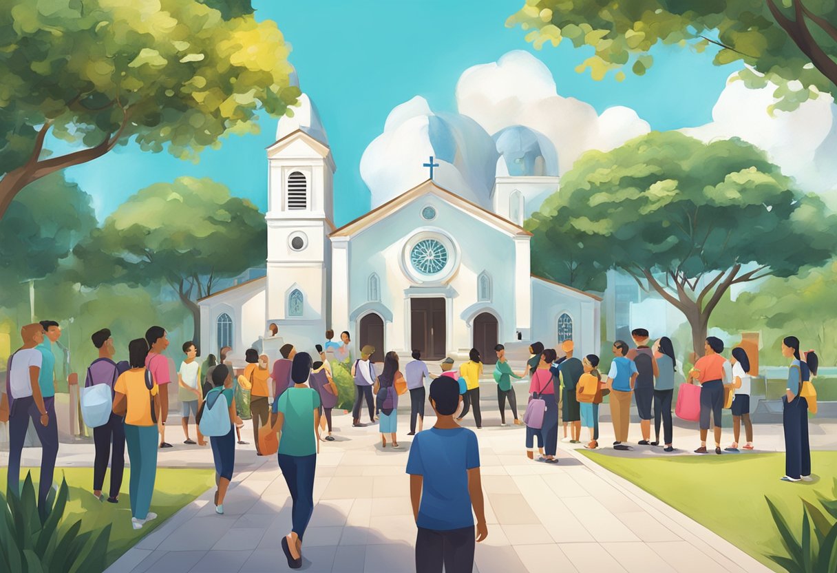 A diverse group gathers outside a vibrant church in Singapore, engaging in community outreach activities