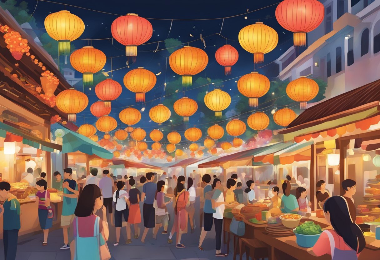 Colorful lanterns illuminate food stalls and cultural performances at the Singapore Lantern Festival. A lively atmosphere of music and laughter fills the air as visitors sample a variety of delicious Asian cuisine