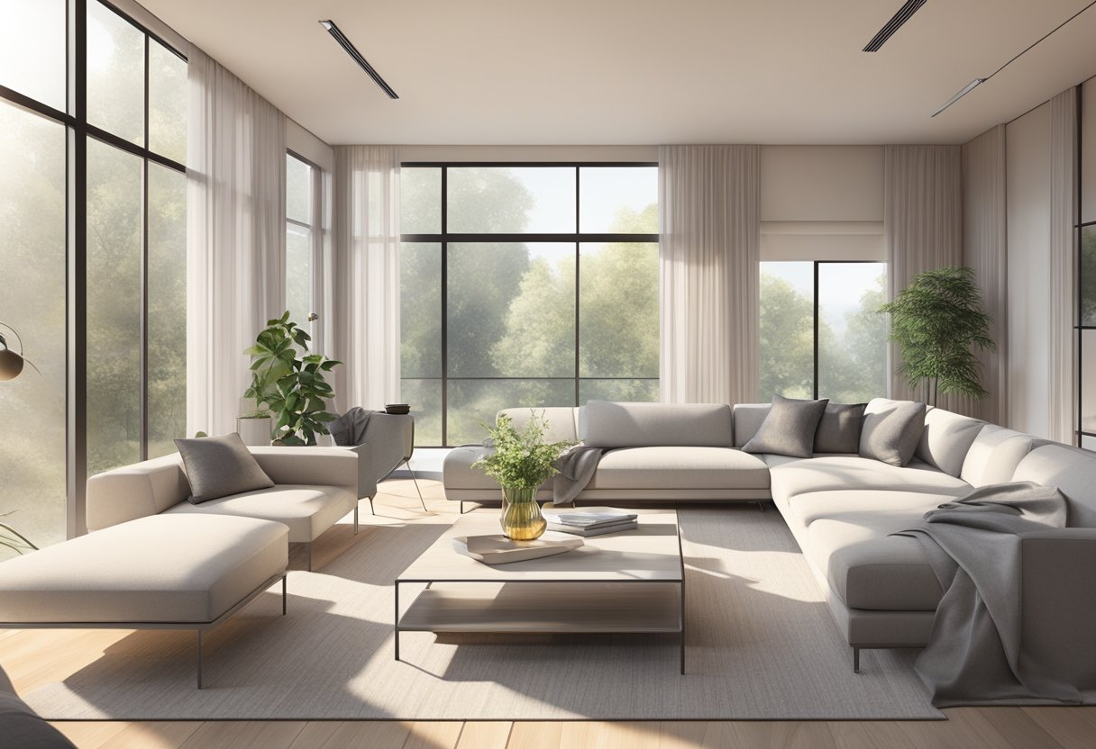 A modern, minimalist living room with sleek furniture and clean lines. Soft, natural light filters in through large windows, creating a serene and inviting atmosphere