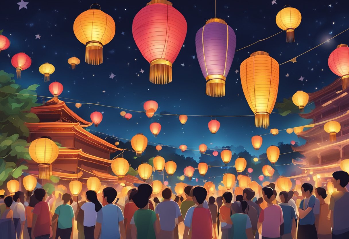Colorful lanterns illuminate the night sky at the Singapore Lantern Festival, creating a vibrant and enchanting atmosphere