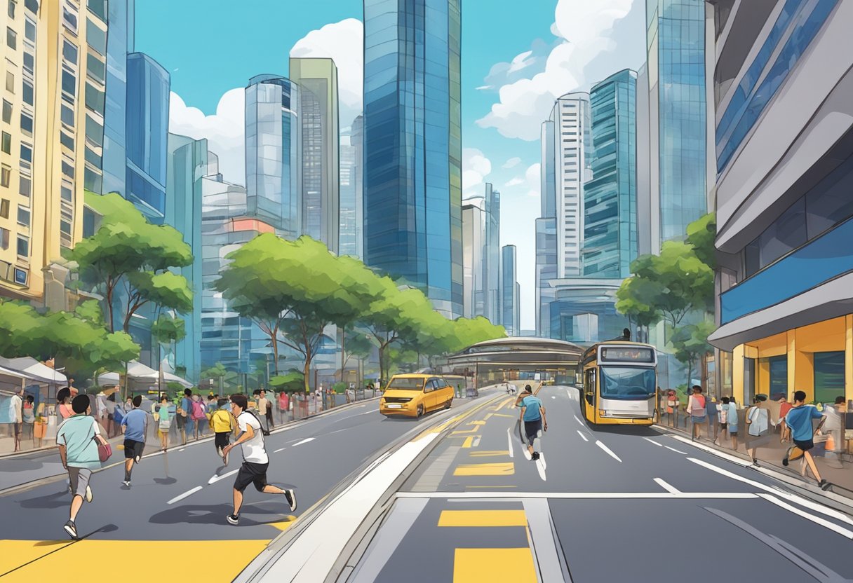 A man sprints through a bustling street in Singapore, surrounded by modern skyscrapers and vibrant city life