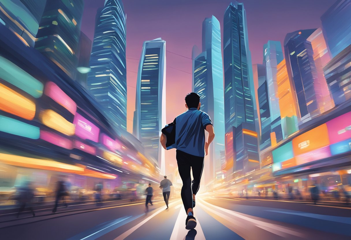 A figure sprints through the bustling streets of Singapore, surrounded by towering skyscrapers and vibrant city lights