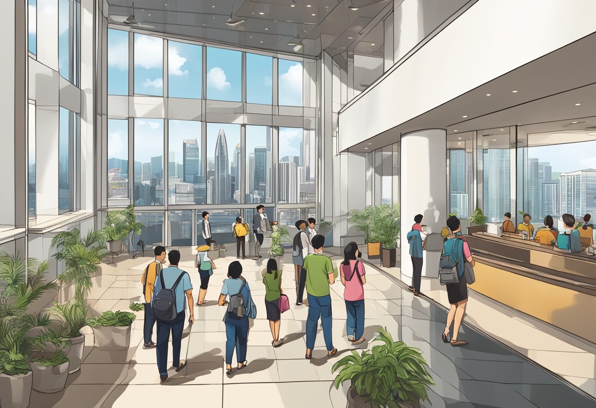A bustling church lobby with people chatting, a sign reading "Frequently Asked Questions" and a Singapore skyline visible through the windows