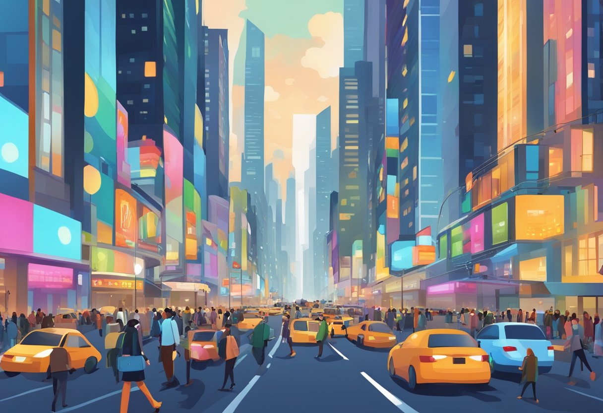 Busy city street with skyscrapers, bustling traffic, and people. Bright lights and colorful signs illuminate the urban landscape