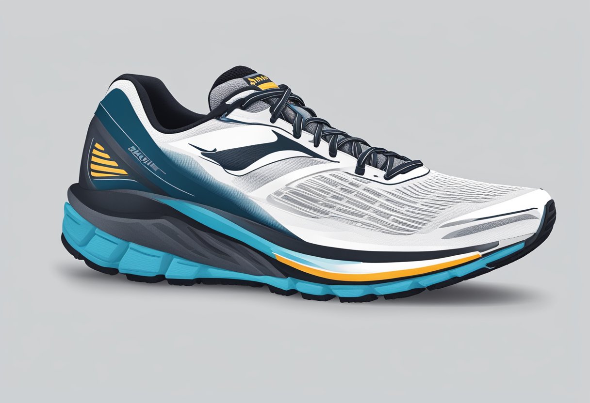 A supportive running shoe with cushioned midsole and arch support, designed to provide stability and reduce impact on the feet