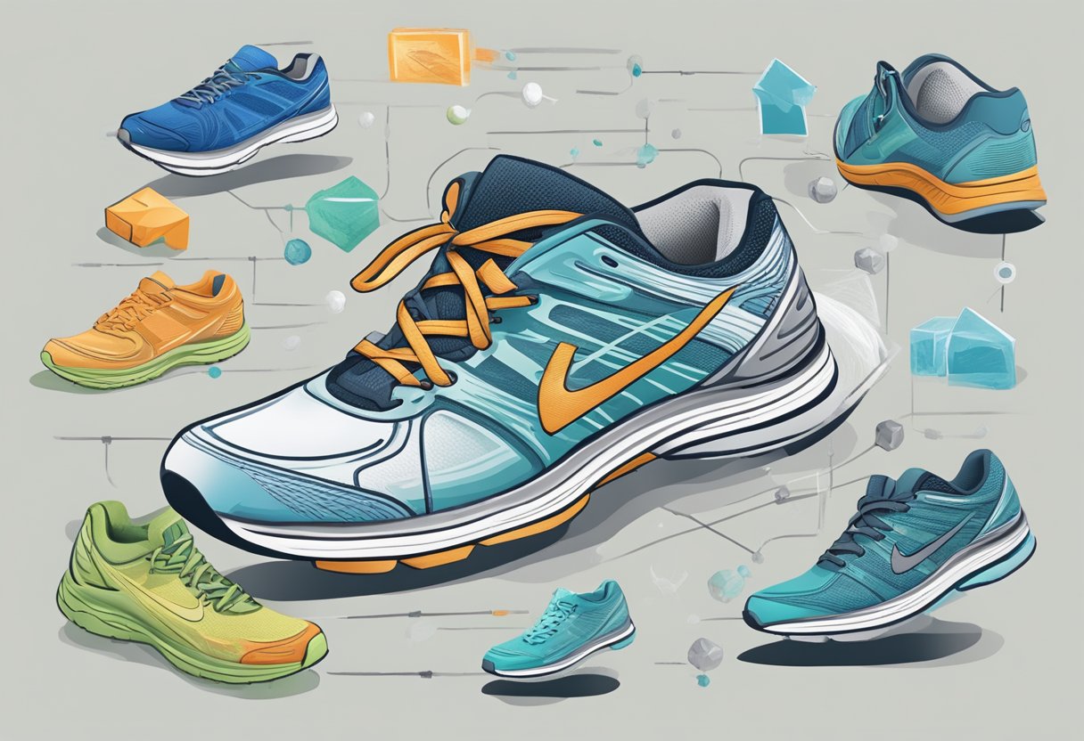 A pair of supportive running shoes surrounded by common foot condition illustrations