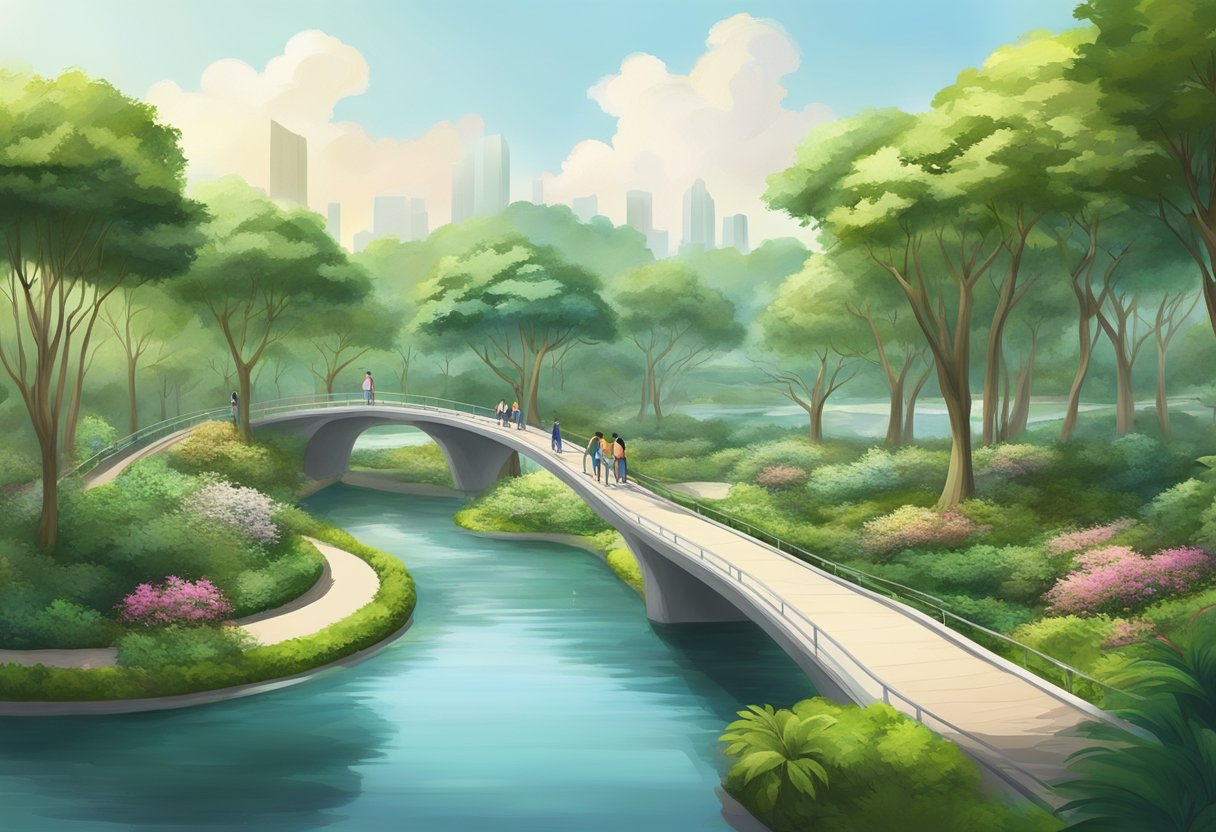 A serene park connector in Singapore, with lush greenery, winding pathways, and a gentle river flowing alongside
