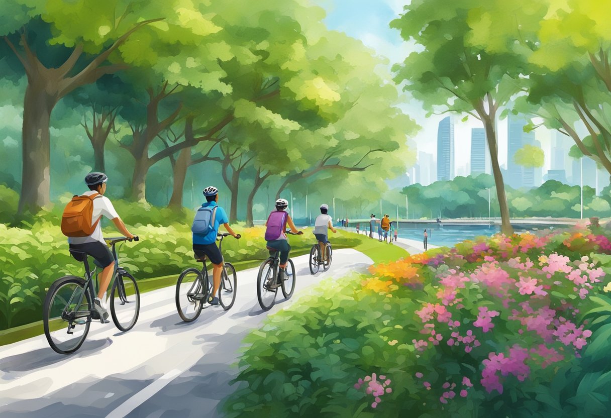 People cycling along lush green pathways, passing by tranquil waterways and vibrant gardens in the Park Connector Network in Singapore