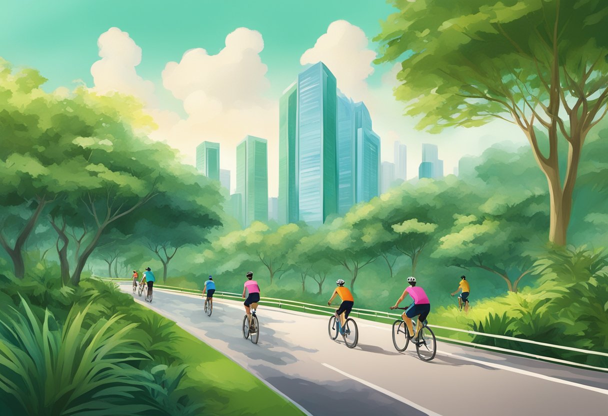 Cyclists and joggers navigate lush park connector, passing through vibrant green spaces and over serene waterways in Singapore