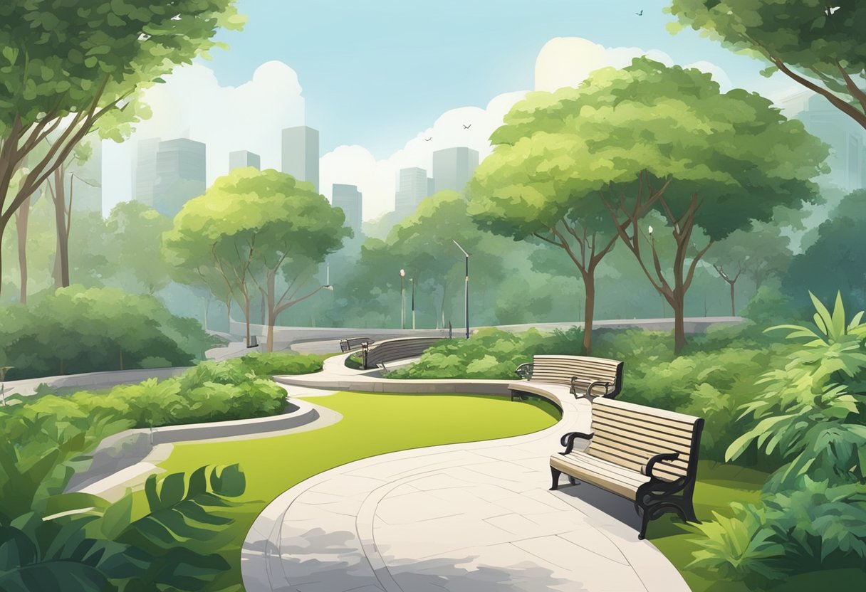 A winding park connector in Singapore, with lush greenery and a paved pathway, dotted with informational signs and benches for visitors to sit and relax