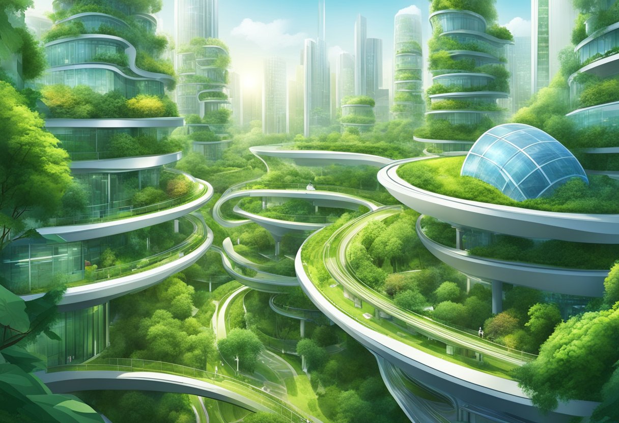 Lush greenery surrounds sustainable buildings and renewable energy sources in a futuristic cityscape
