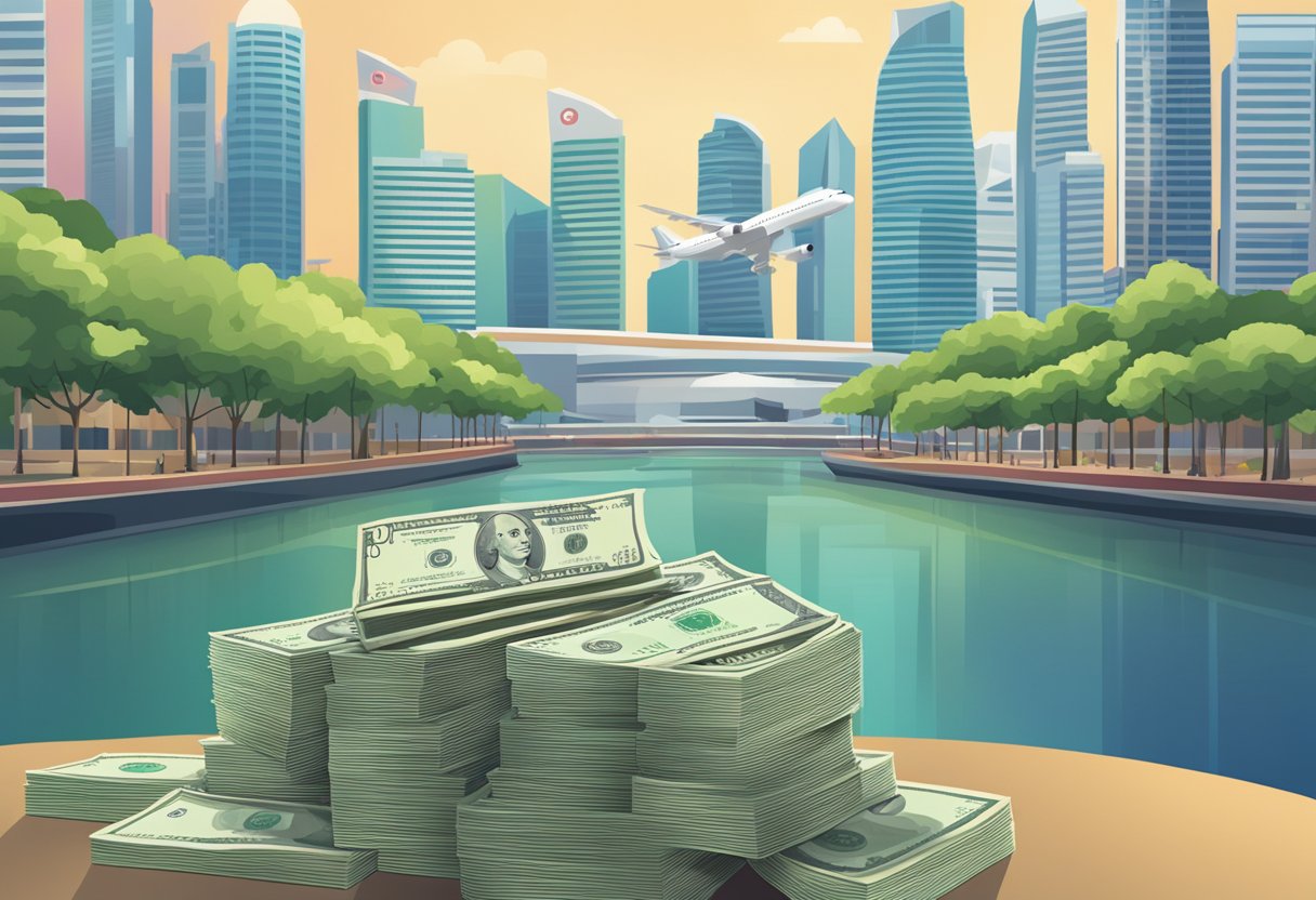 A stack of money representing a high salary, with a backdrop of Singapore landmarks