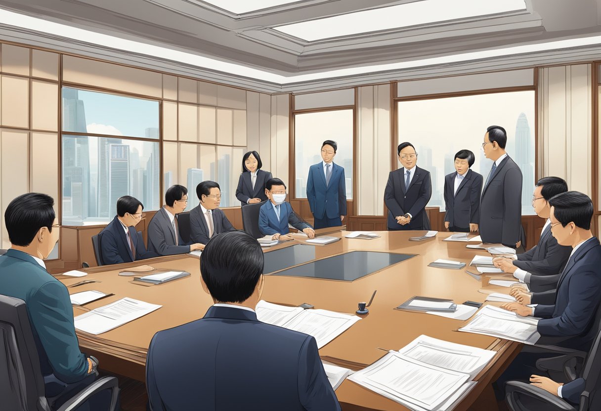 A group of officials discuss and review the salary of Singaporean ministers in a formal meeting room