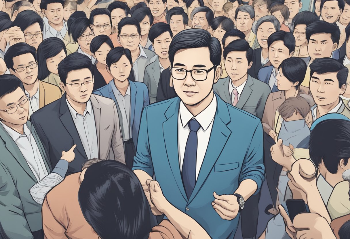 A Singapore minister stands confidently, surrounded by a crowd of people, while answering questions about their salary